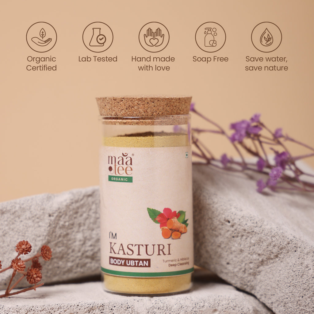 I'm Maatee Organic Kasturi Skin Ubtan 
Deep Cleansing & Natural Skin Lightening with Hibiscus + Fenugreek