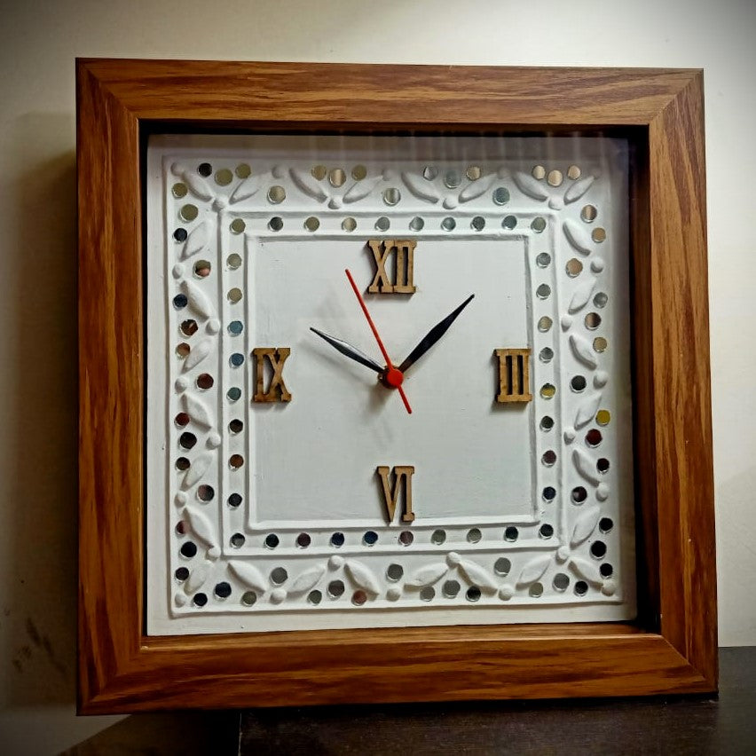 Kutch Lippan Mud & Mirror Work Wall Clock Square Framed