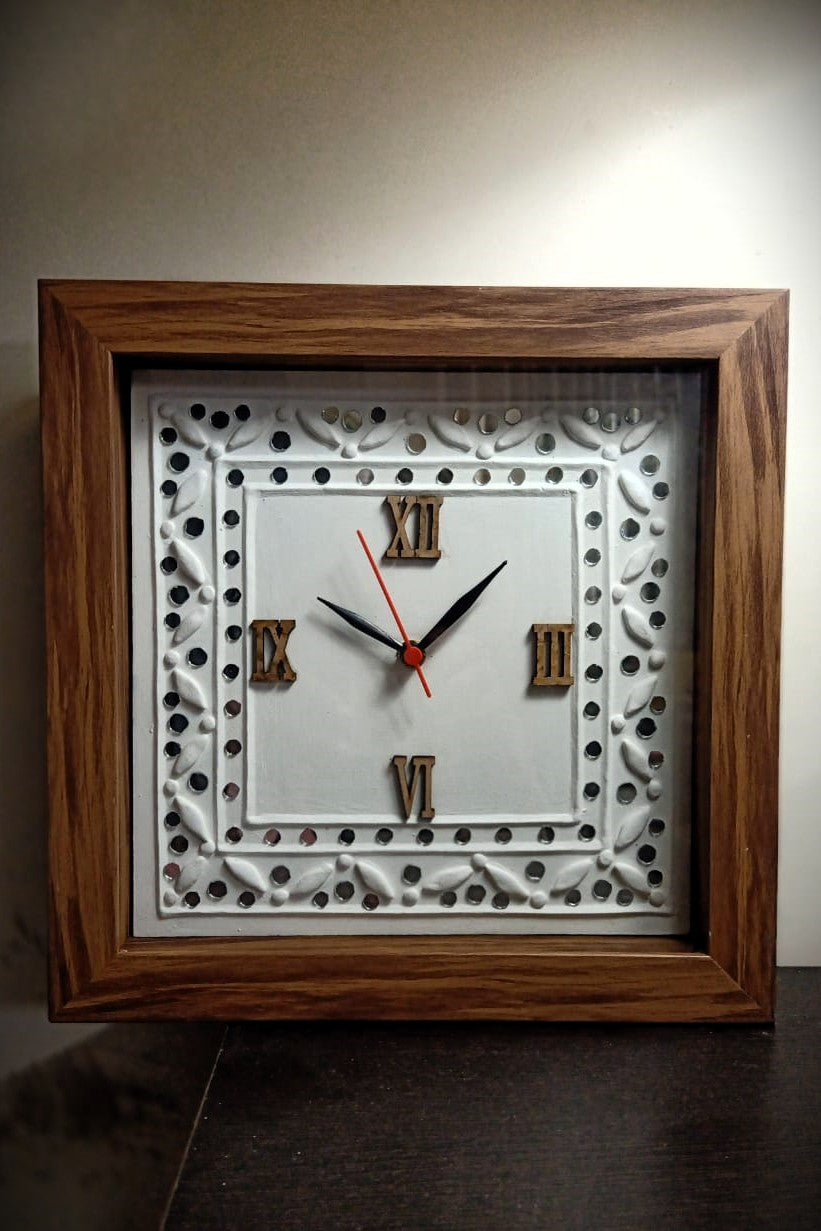Kutch Lippan Mud & Mirror Work Wall Clock Square Framed