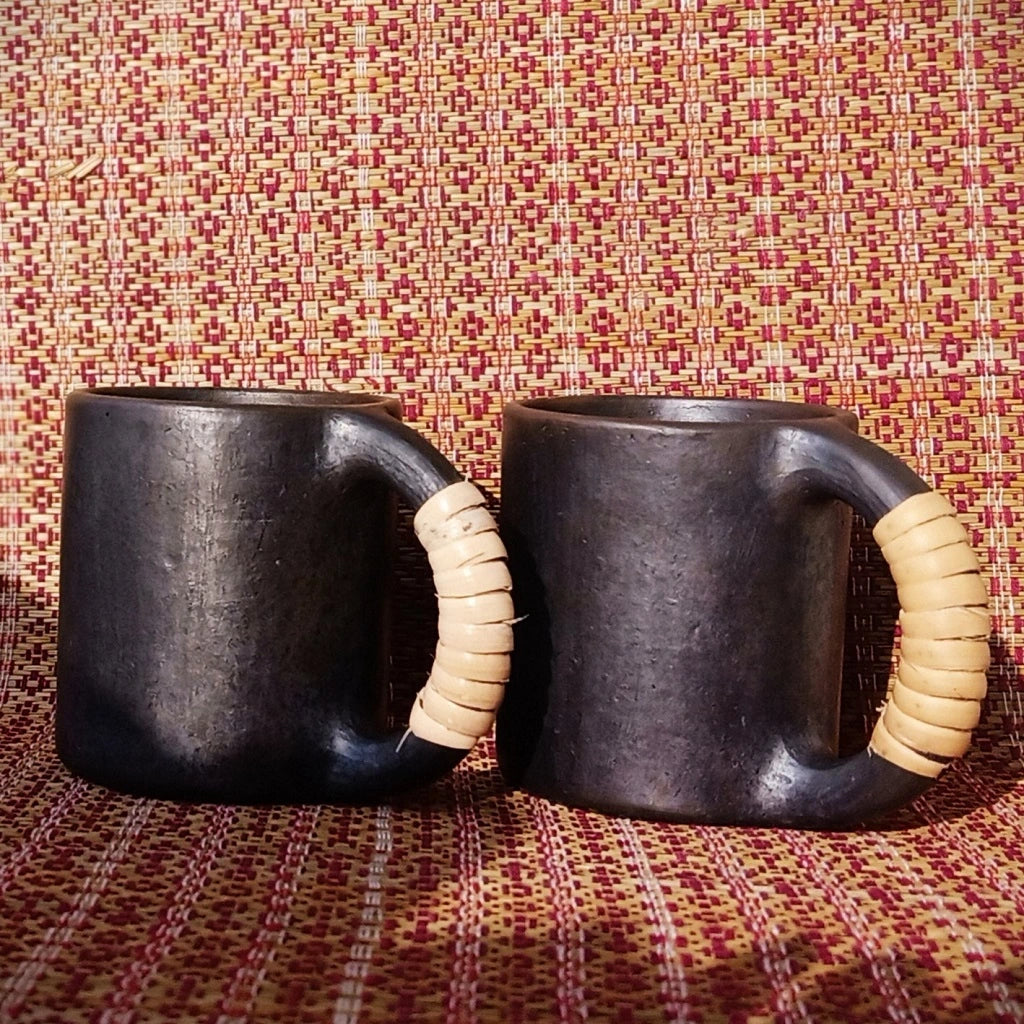 Longpi Black Pottery Coffee Mug Round Set of 2 Large