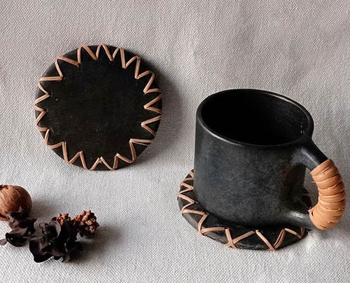 Longpi Black Pottery Coasters Round Set of 2