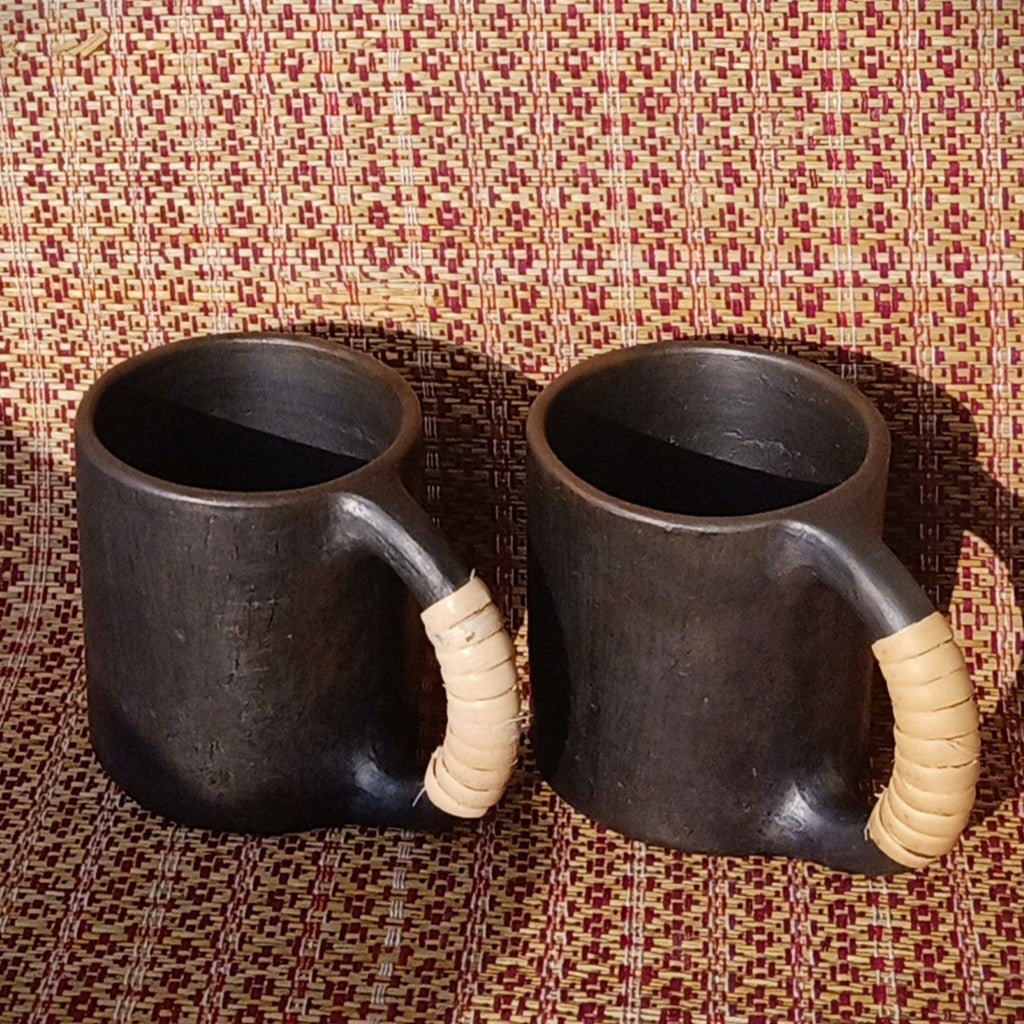 Longpi Black Pottery Coffee Mug Round Set of 2 Large