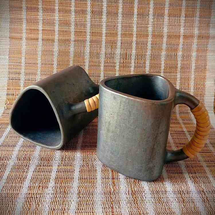 Longpi Black Pottery Trikon Coffee Mug Large Set of 2