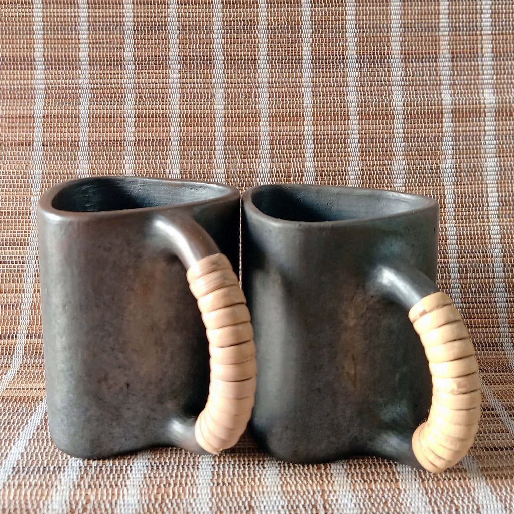 Longpi Black Pottery Trikon Coffee Mug Large Set of 2