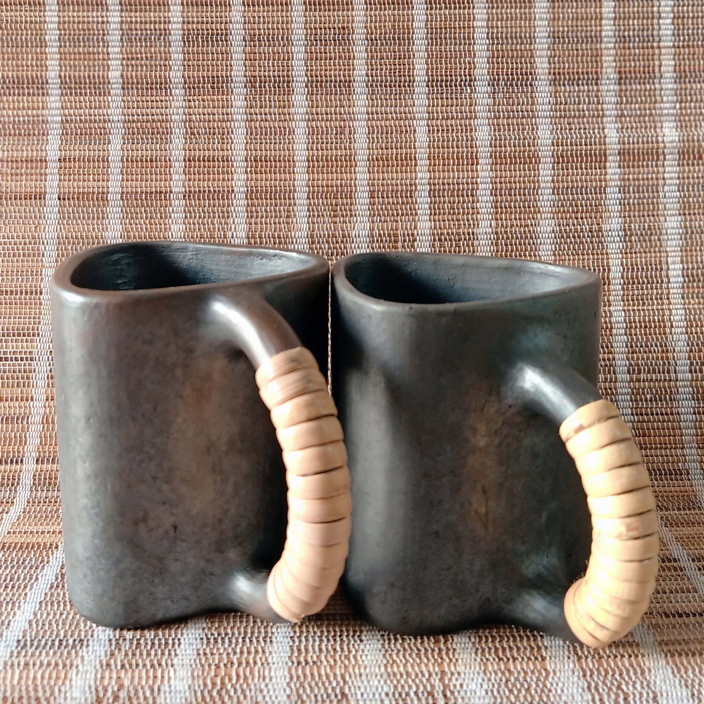 Longpi Black Pottery Trikon Coffee Mug Large Set of 2