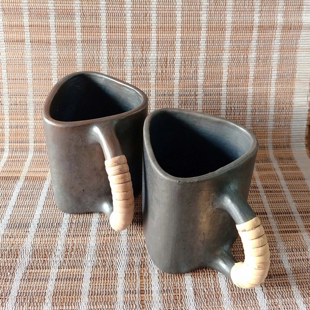 Longpi Black Pottery Trikon Coffee Mug Large Set of 2