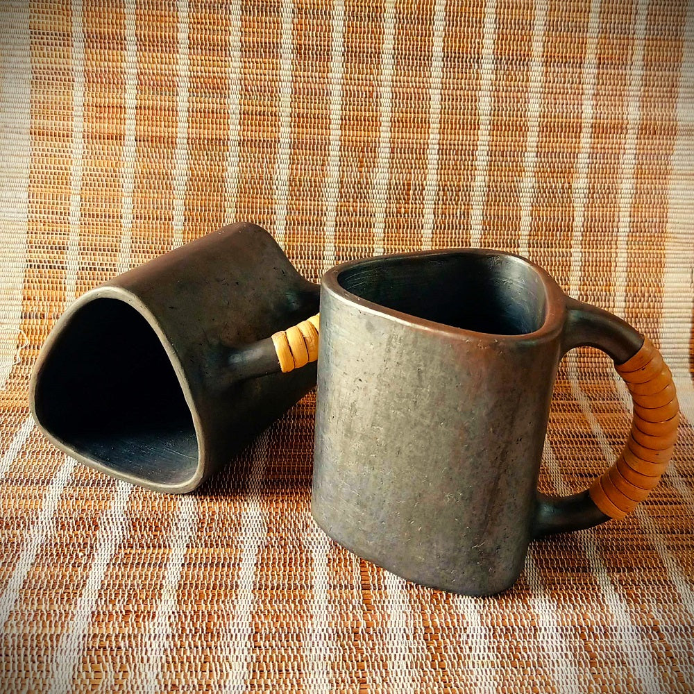Longpi Black Pottery Trikon Coffee Mug Large Set of 2