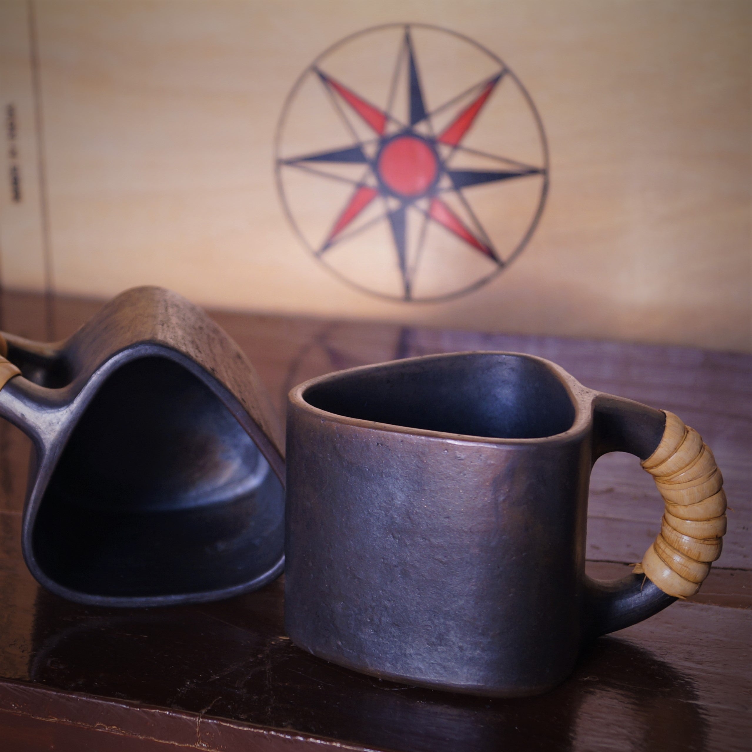 Longpi Black Pottery Trikon Coffee Mug Small Set of 2