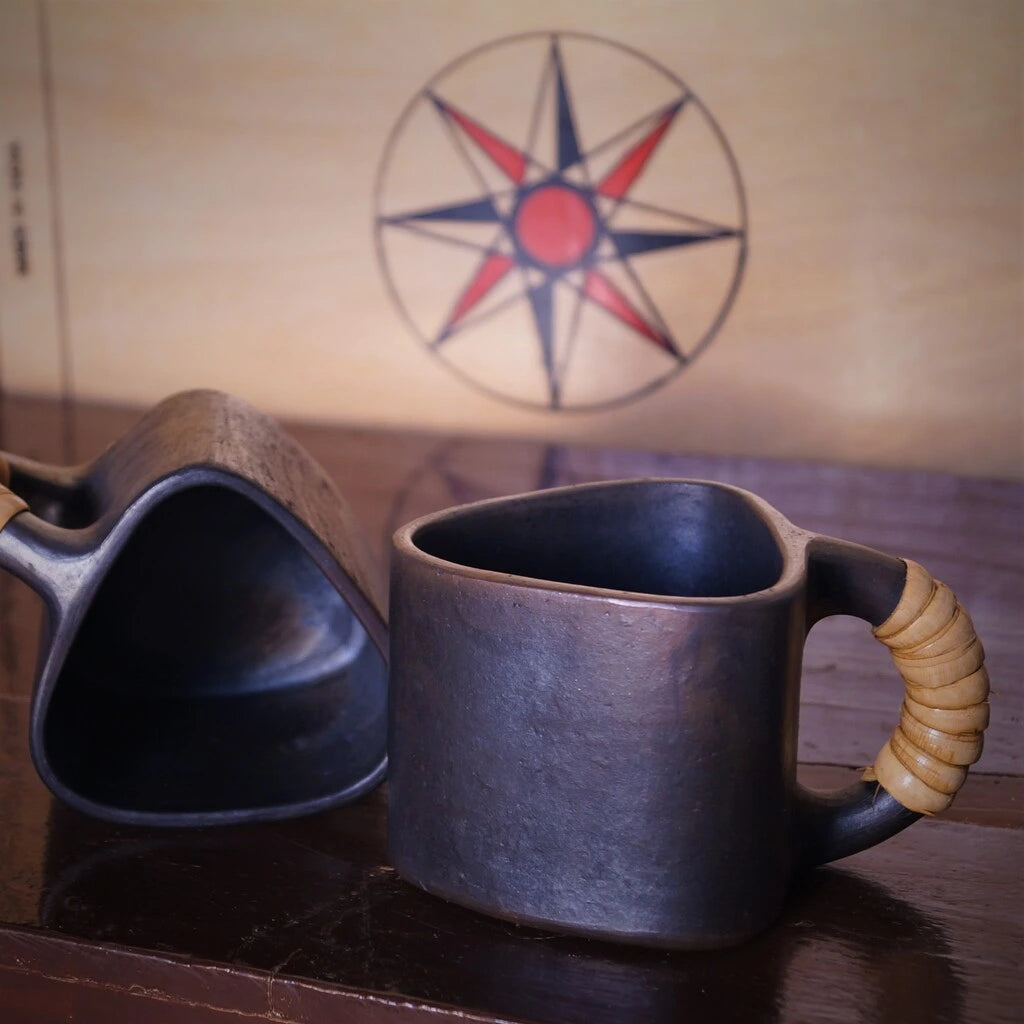Longpi Black Pottery Trikon Coffee Mug Small Set of 2