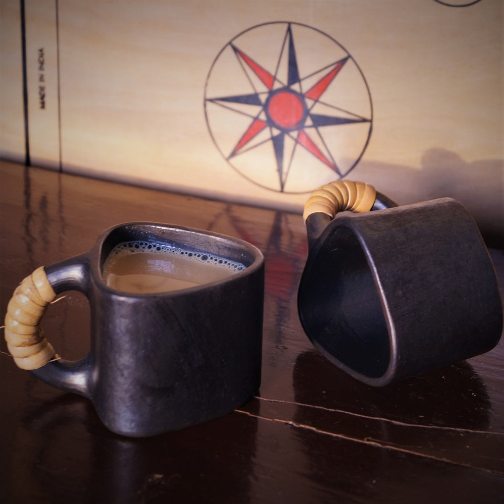 Longpi Black Pottery Trikon Coffee Mug Small Set of 2