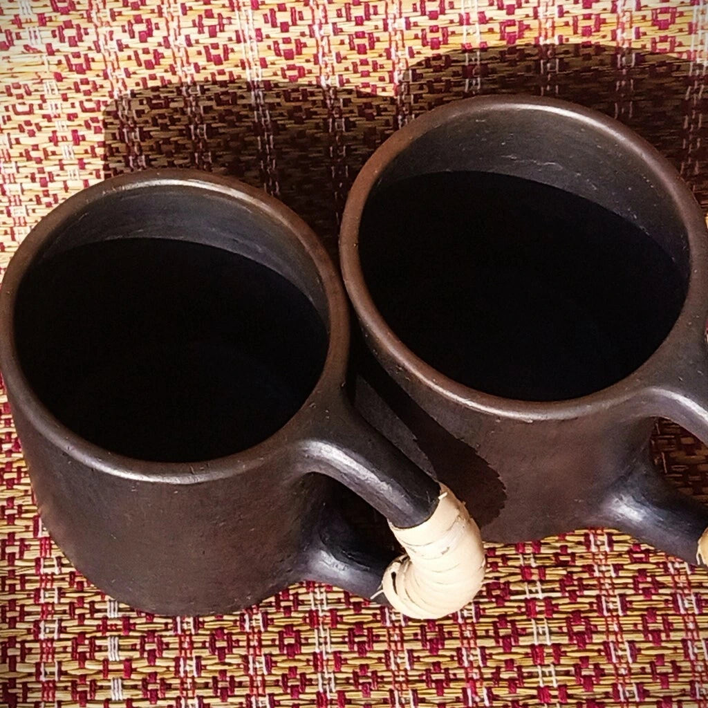 Longpi Black Pottery Coffee Mug Round Set of 2 Large