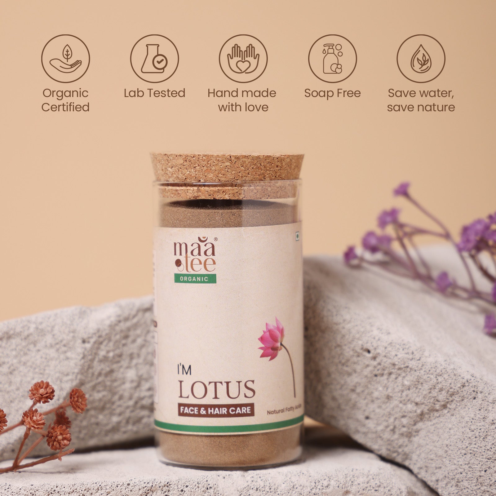I'm Maatee Organic Lotus Powder 
Skin Transformation by Tightening Skin Texture, Scalp Revival by Reducing Excess Oil 
with Quercetin and Kaempferol