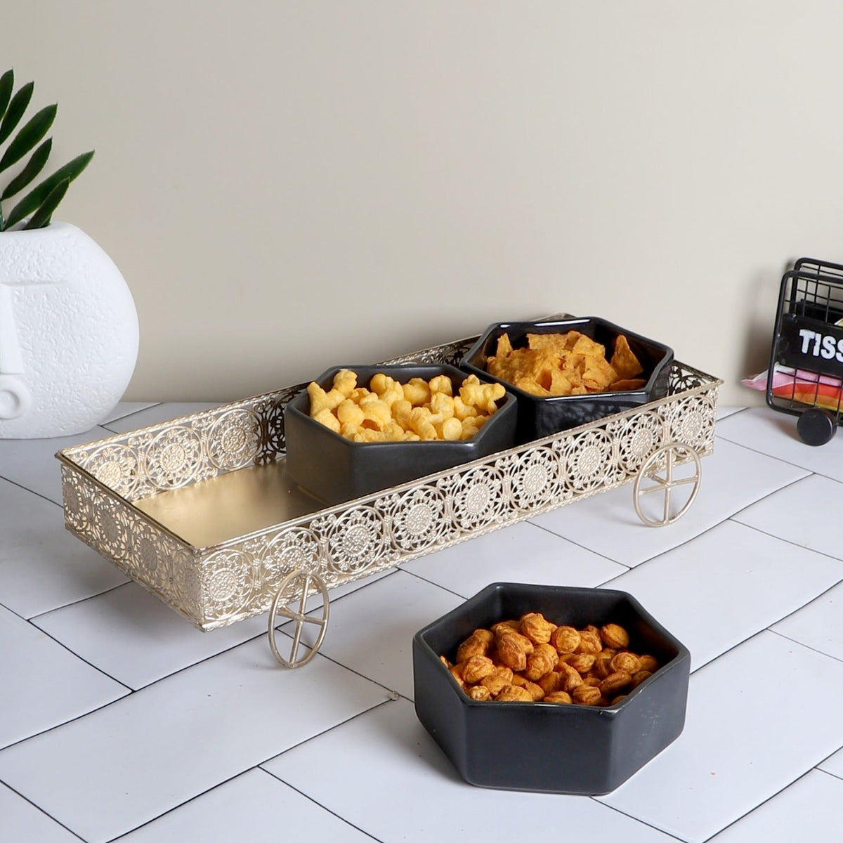 Amaya Decors Metal Thela with Three Ceramic Bowls