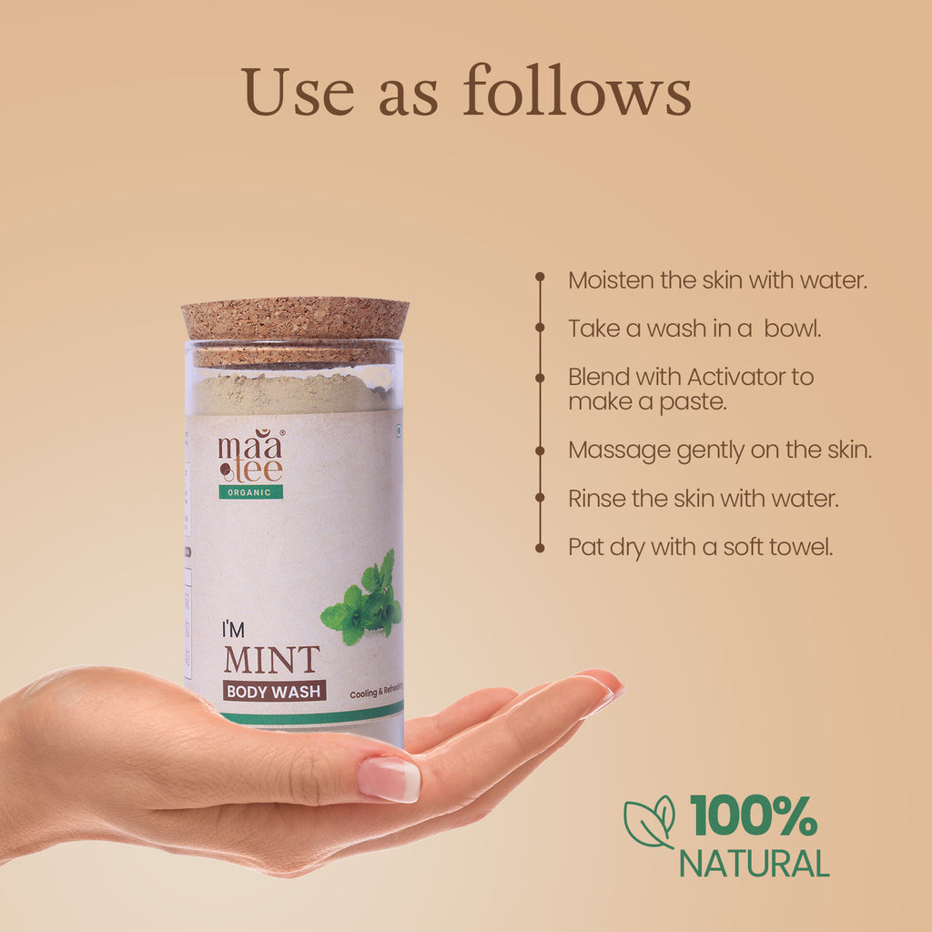 I'm Maatee Organic Mint Body Wash Powder 
Cooling & Refreshing with Multani Mitti + Pomegranate