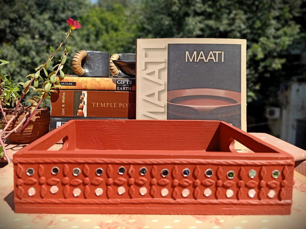 Pine Wood & MDF Lippan Mud & Mirror Work Caddy Brick Red (L)