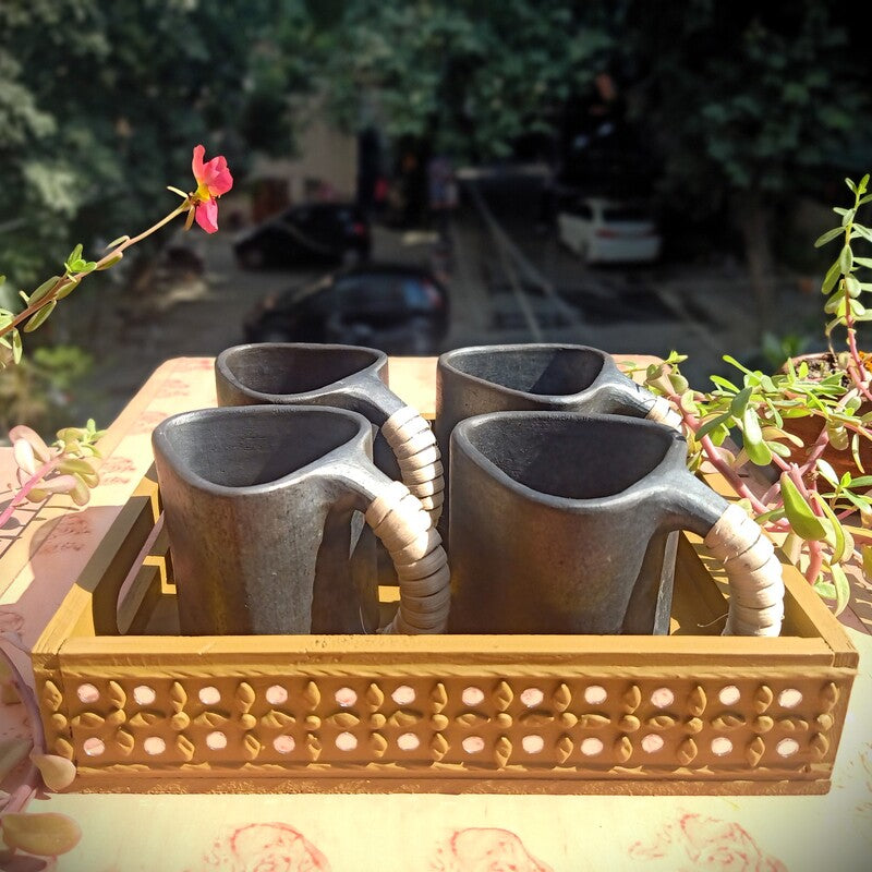 Pine Wood & MDF Lippan Mud & Mirror Work Caddy Yellow Ochre (L)