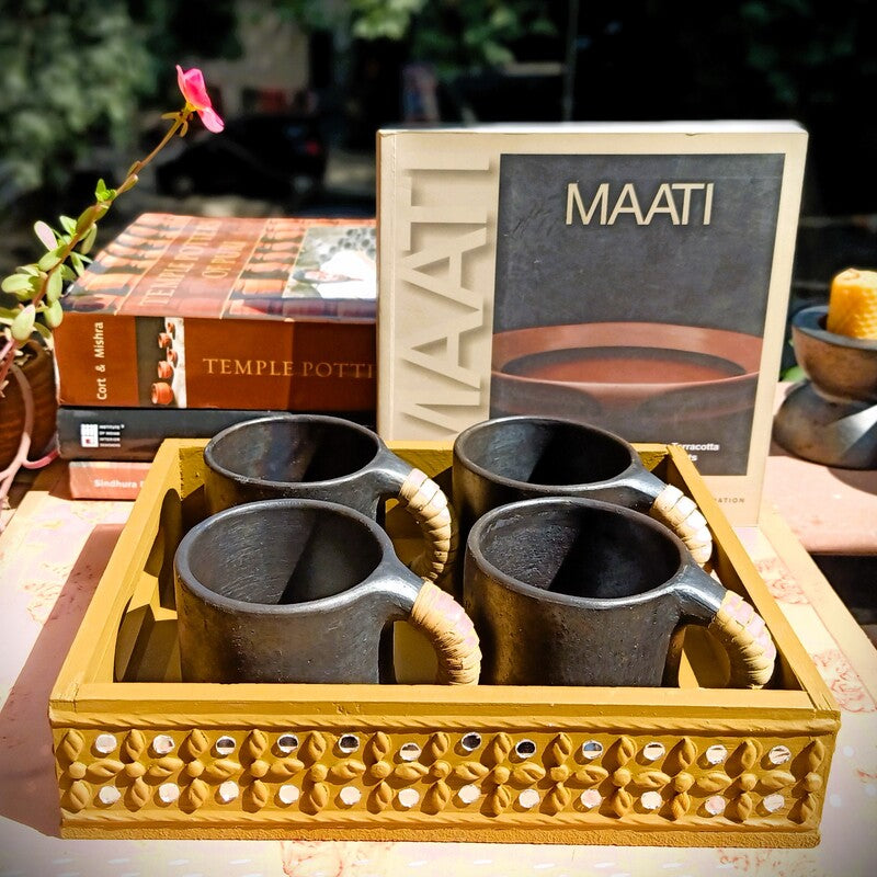 Pine Wood & MDF Lippan Mud & Mirror Work Caddy Yellow Ochre (L)