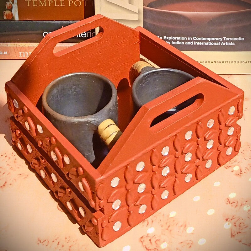 Pine Wood & MDF Lippan Mud & Mirror Work Tray Brick Red