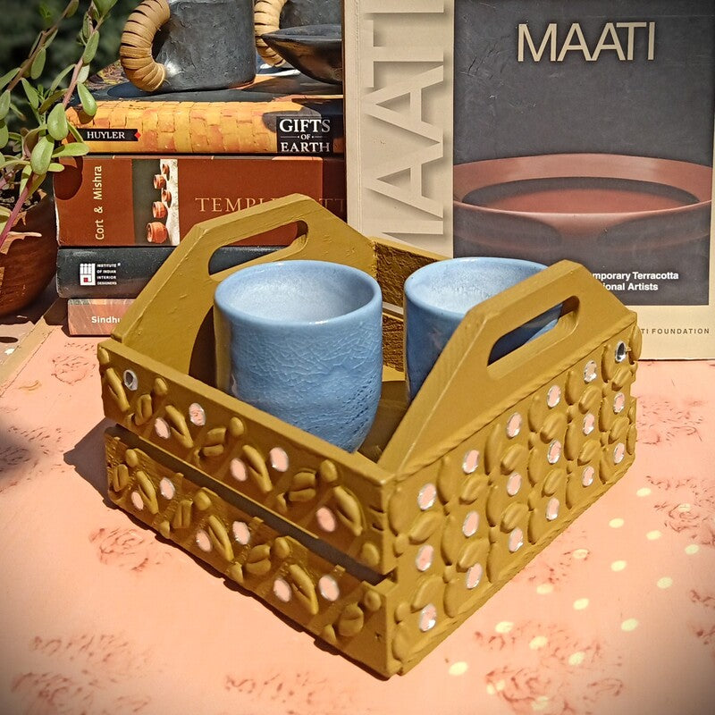 Pine Wood & MDF Lippan Mud & Mirror Work Tray Yellow Ochre