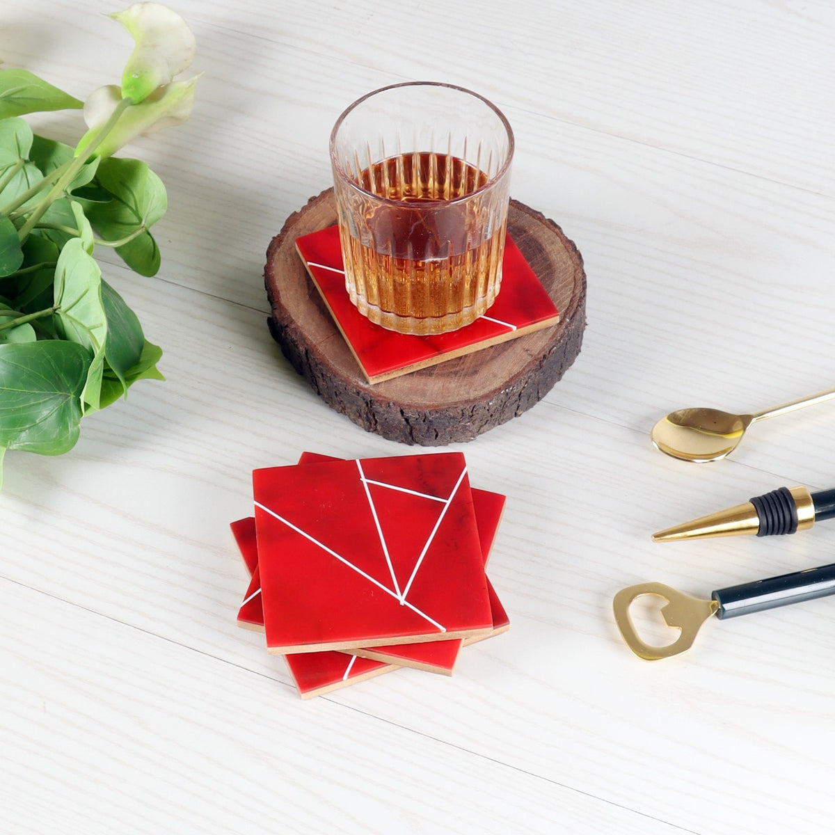 Amaya Decors Red & White Resin Coaster Set of 4