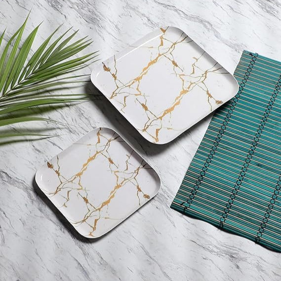 Amaya Decors White & Gold Rectangualer Step Platter Set of 3