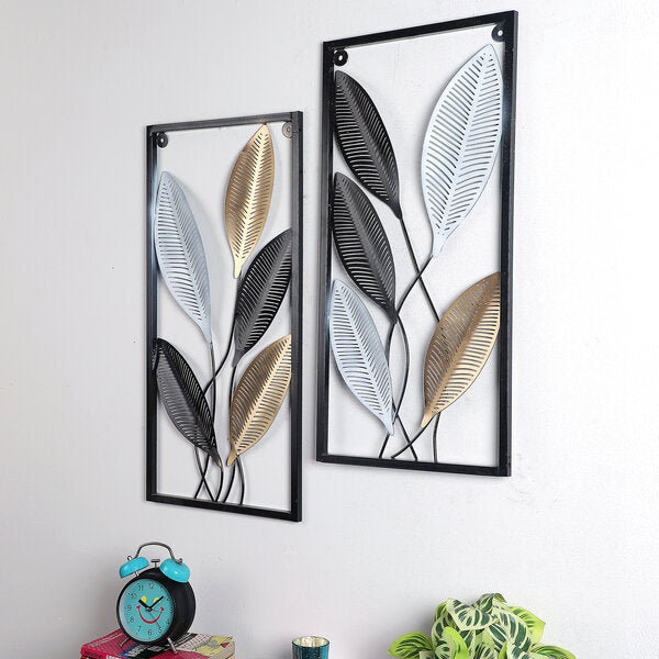 Amaya Decors Rectangular Black, Gold, Silver Leaves Wall Decor Set of 2