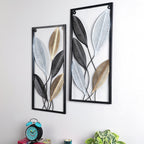 Amaya Decors Rectangular Black, Gold, Silver Leaves Wall Decor Set of 2