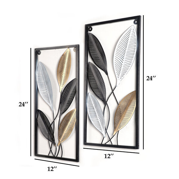 Amaya Decors Rectangular Black, Gold, Silver Leaves Wall Decor Set of 2