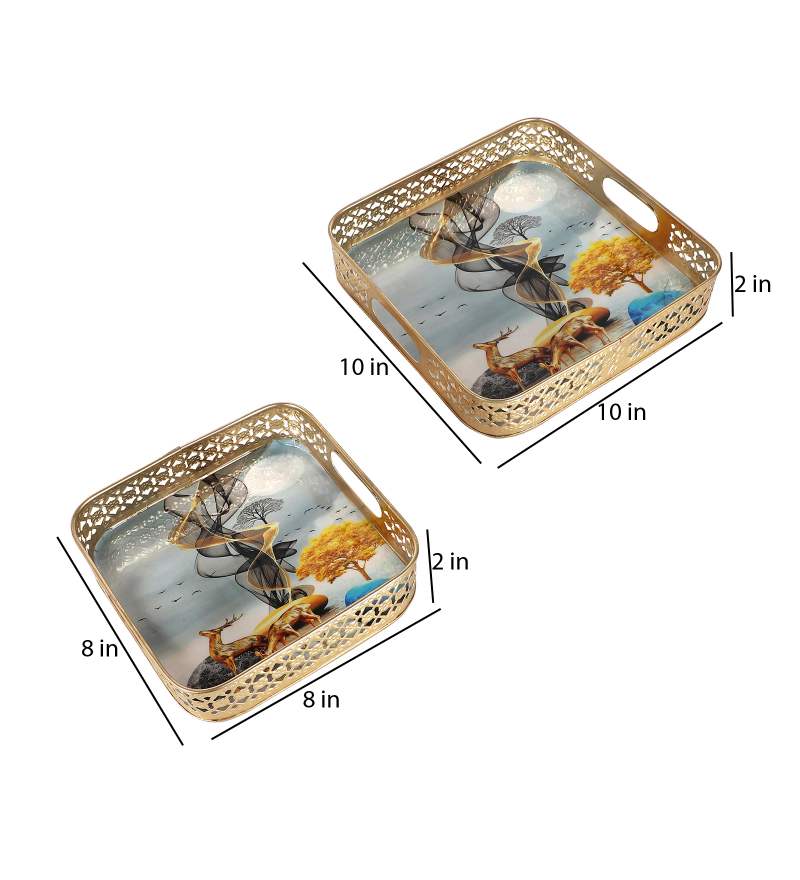 Amaya Decors Square Gold Deer Tray Set of 2