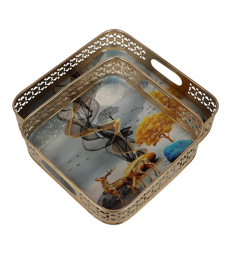 Amaya Decors Square Gold Deer Tray Set of 2
