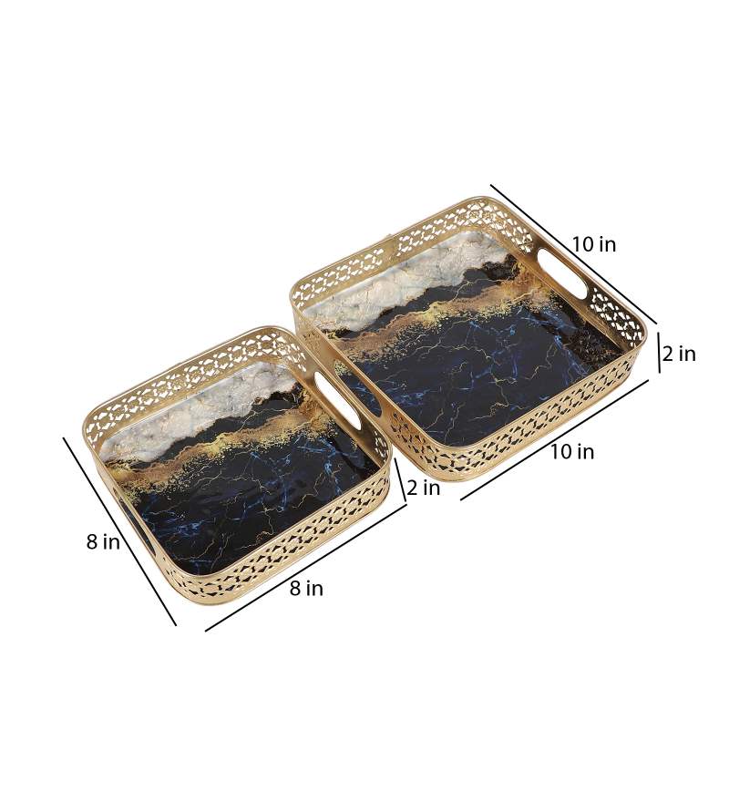 Amaya Decors Square Blue & White Tray Set of 2