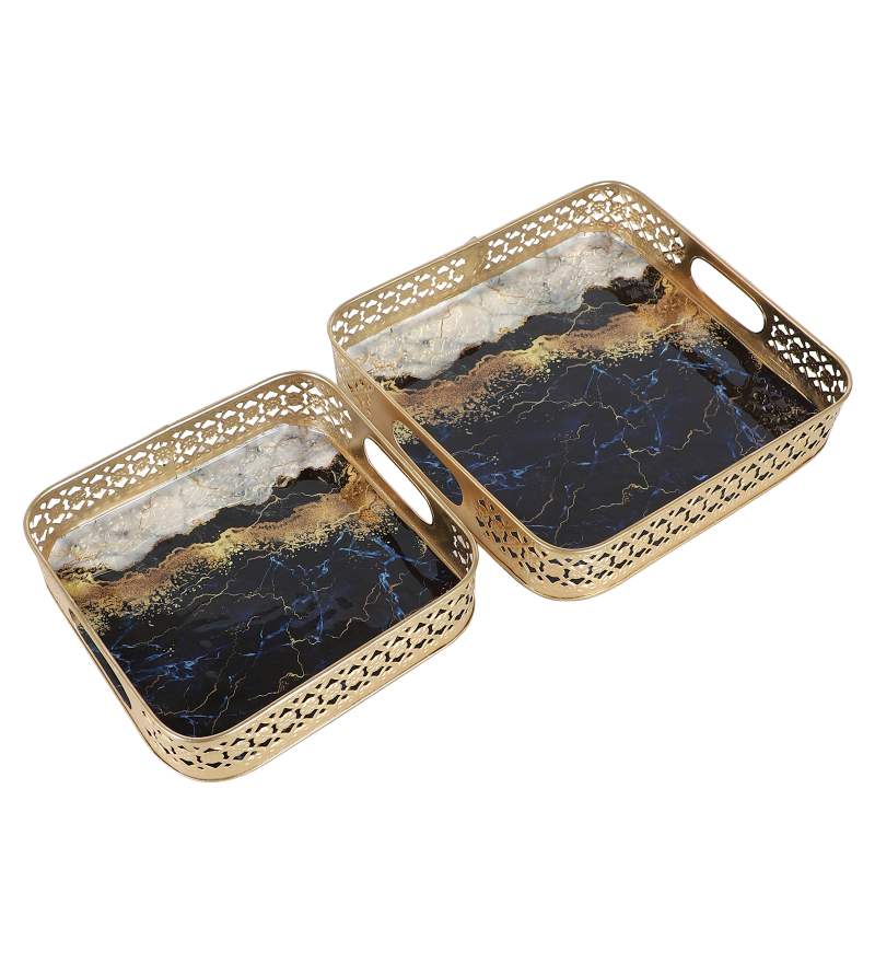 Amaya Decors Square Blue & White Tray Set of 2