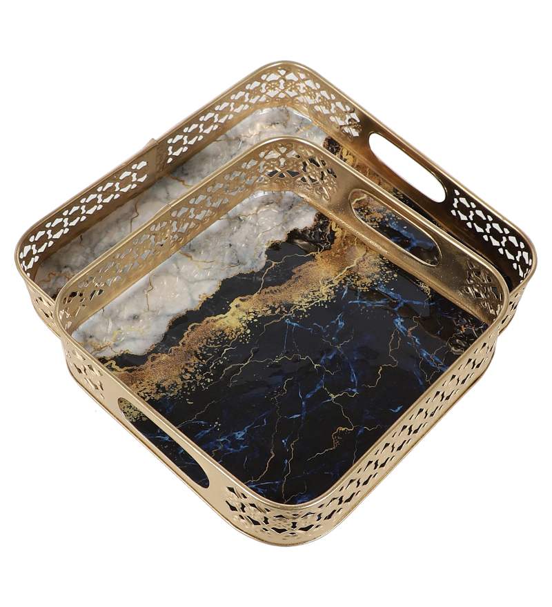 Amaya Decors Square Blue & White Tray Set of 2