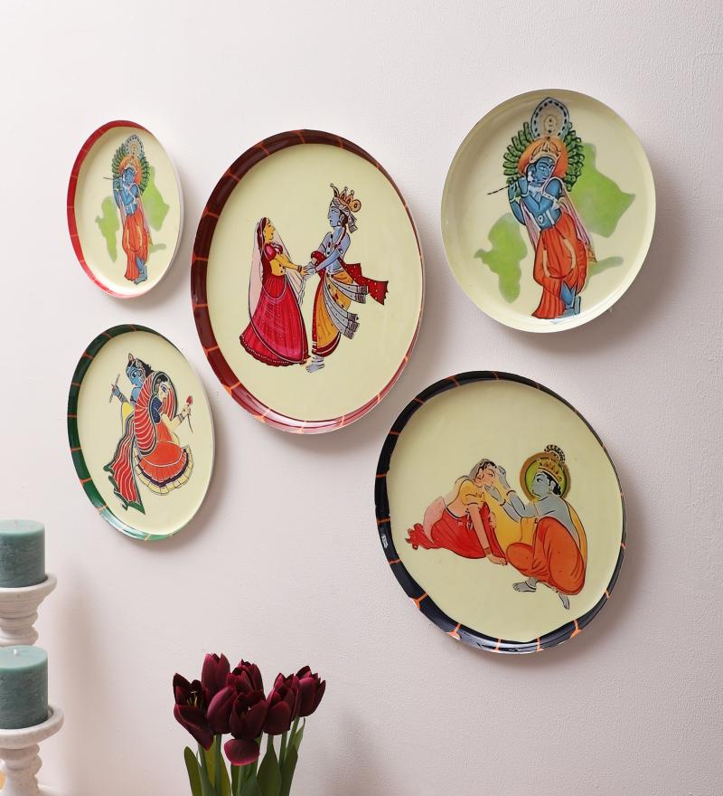 Amaya Decors Radhey Krishna Metal & Meena Wall Plates Set of 5