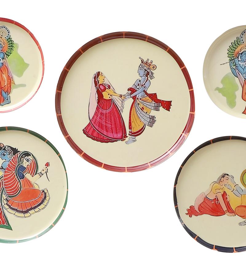 Amaya Decors Radhey Krishna Metal & Meena Wall Plates Set of 5