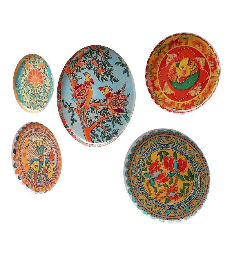 Amaya Decors Fish & Bird Metal & Meena Wall Plates Set of 5