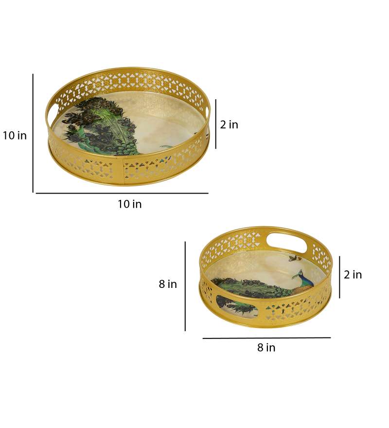 Amaya Decors Green Peacock Tray Set of 2 | Gold | Iron with Powder Coating