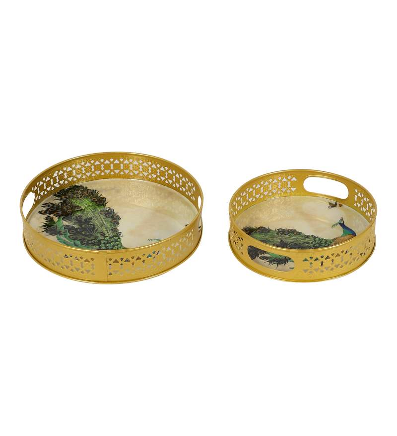 Amaya Decors Green Peacock Tray Set of 2 | Gold | Iron with Powder Coating