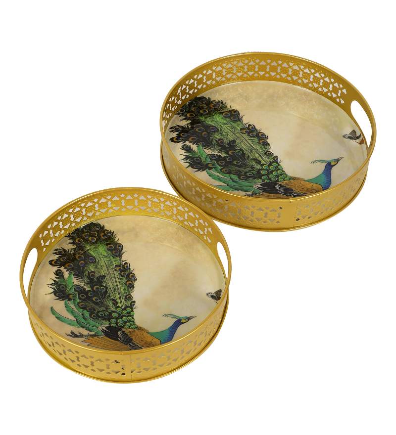 Amaya Decors Green Peacock Tray Set of 2 | Gold | Iron with Powder Coating