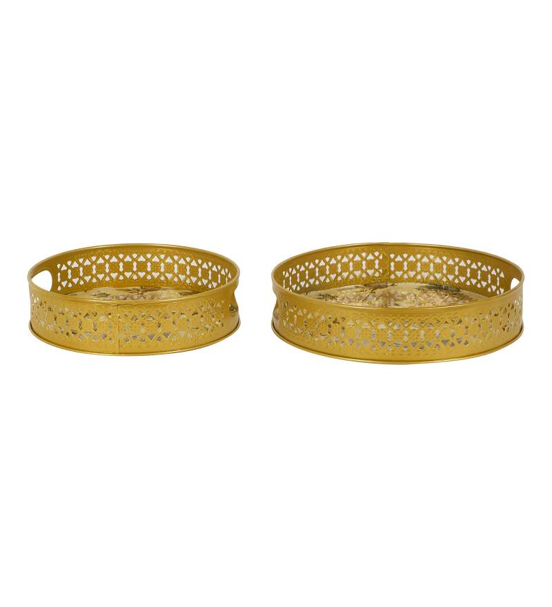 Amaya Decors Green Pink Flower Tray Set of 2 | Gold | Iron with Powder Coating
