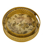 Amaya Decors Green Pink Flower Tray Set of 2 | Gold | Iron with Powder Coating