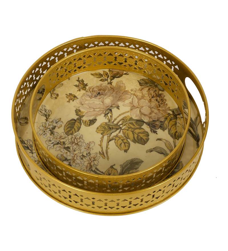 Amaya Decors Green Pink Flower Tray Set of 2 | Gold | Iron with Powder Coating