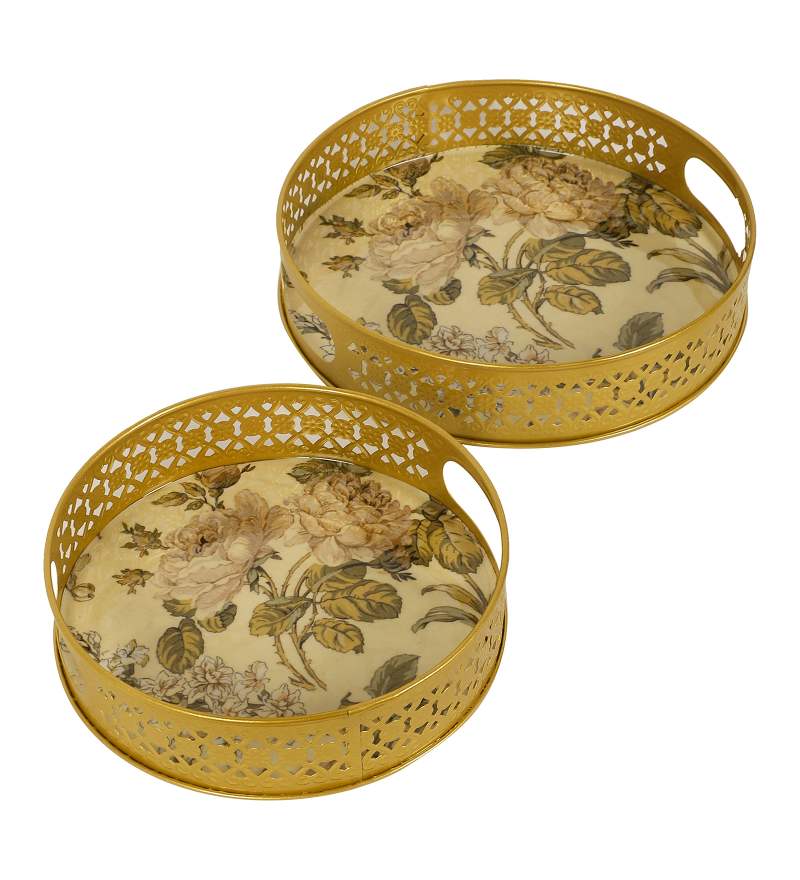 Amaya Decors Green Pink Flower Tray Set of 2 | Gold | Iron with Powder Coating