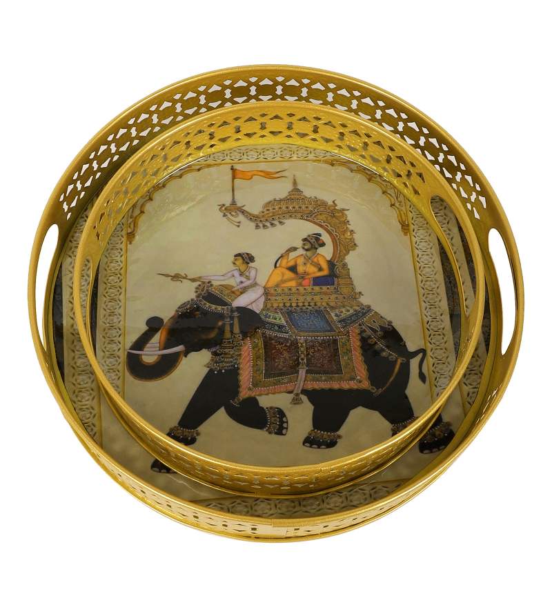 Amaya Decors Elephant Black Tray Set of 2 | Gold | Iron with Powder Coating