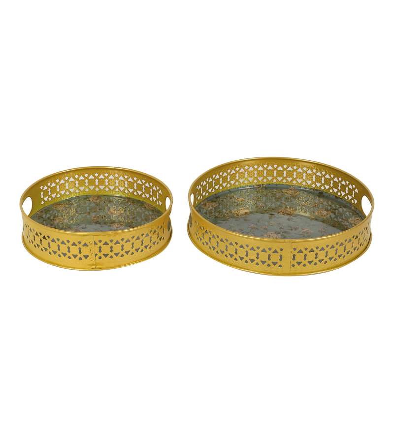 Amaya Decors Green & Pink Tray Set of 2 | Gold | Iron with Powder Coating