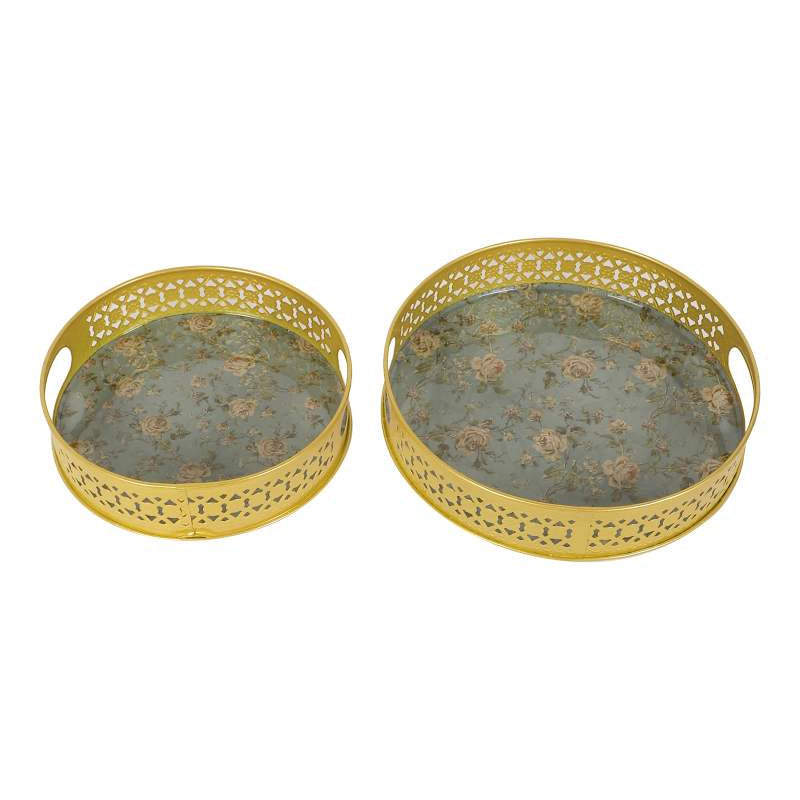 Amaya Decors Green & Pink Tray | Gold | Iron with Powder Coating