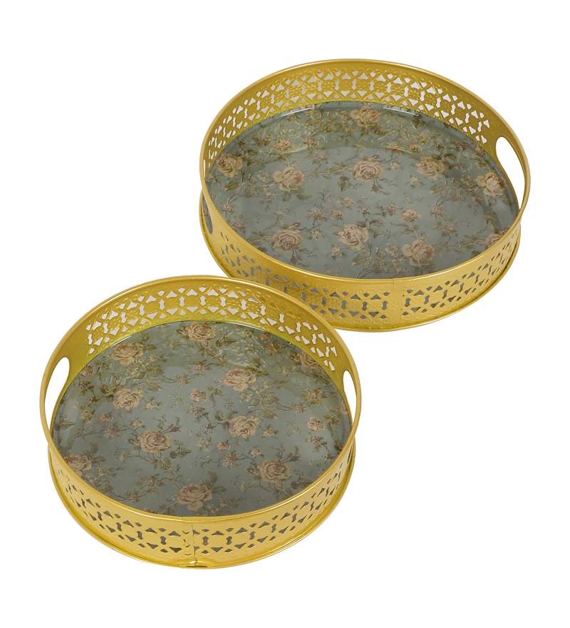 Amaya Decors Green & Pink Tray | Gold | Iron with Powder Coating