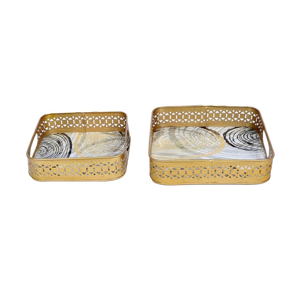 Amaya Decors Black & Gold Ring Deisgn Tray Set of 2 | Gold | Iron with Powder Coating