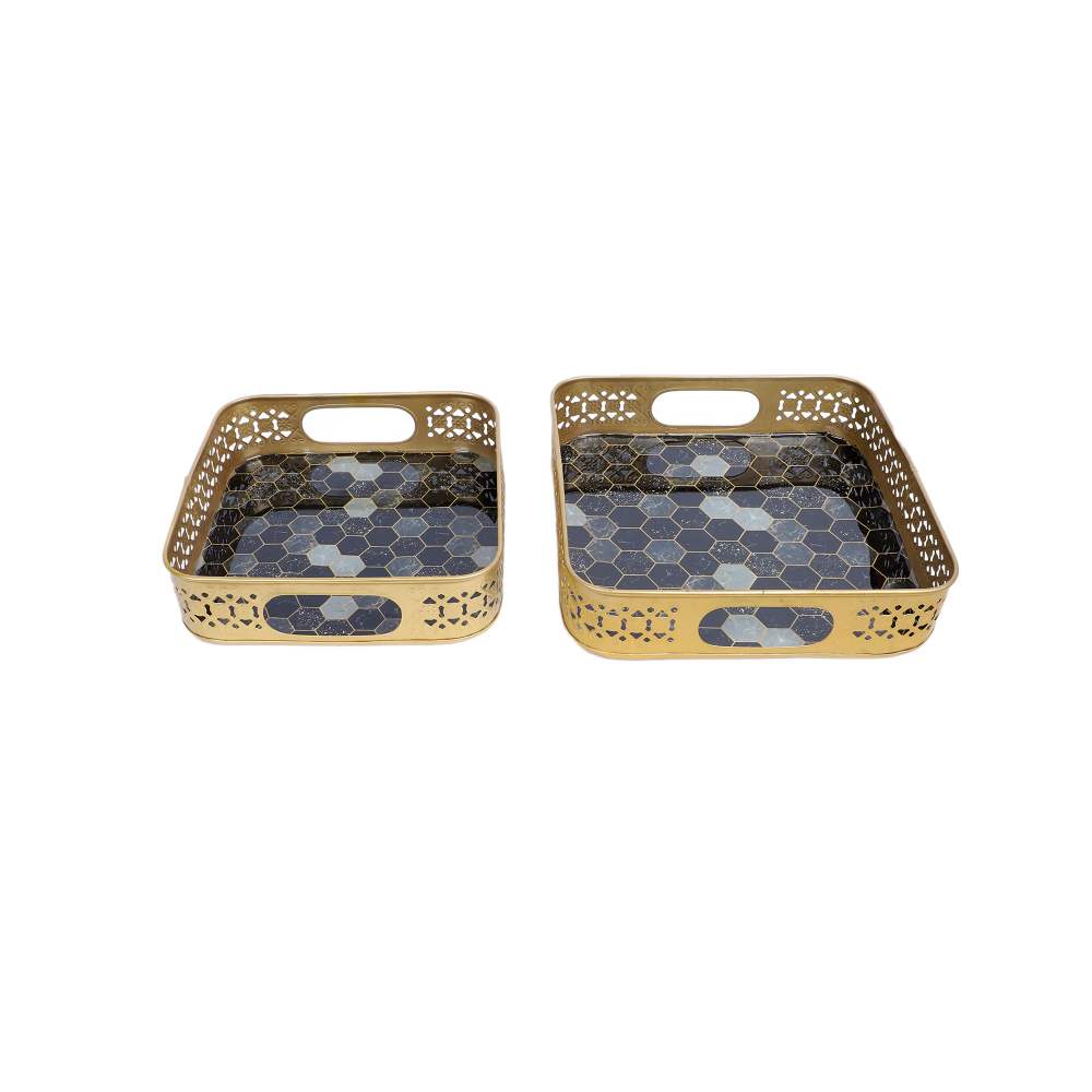 Amaya Decors Black & Grey Blocks Meeena Tray Set of 2 | Gold | Iron with Powder Coating