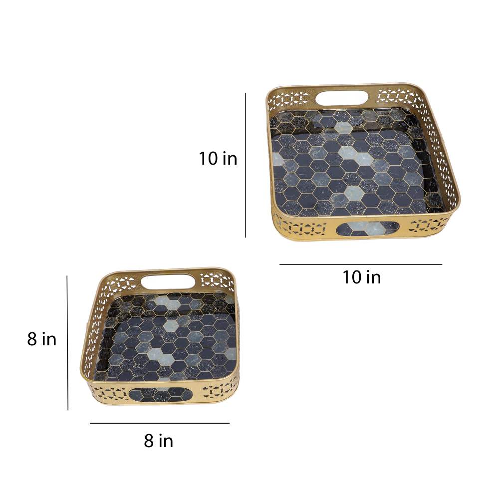 Amaya Decors Black & Grey Blocks Meeena Tray Set of 2 | Gold | Iron with Powder Coating